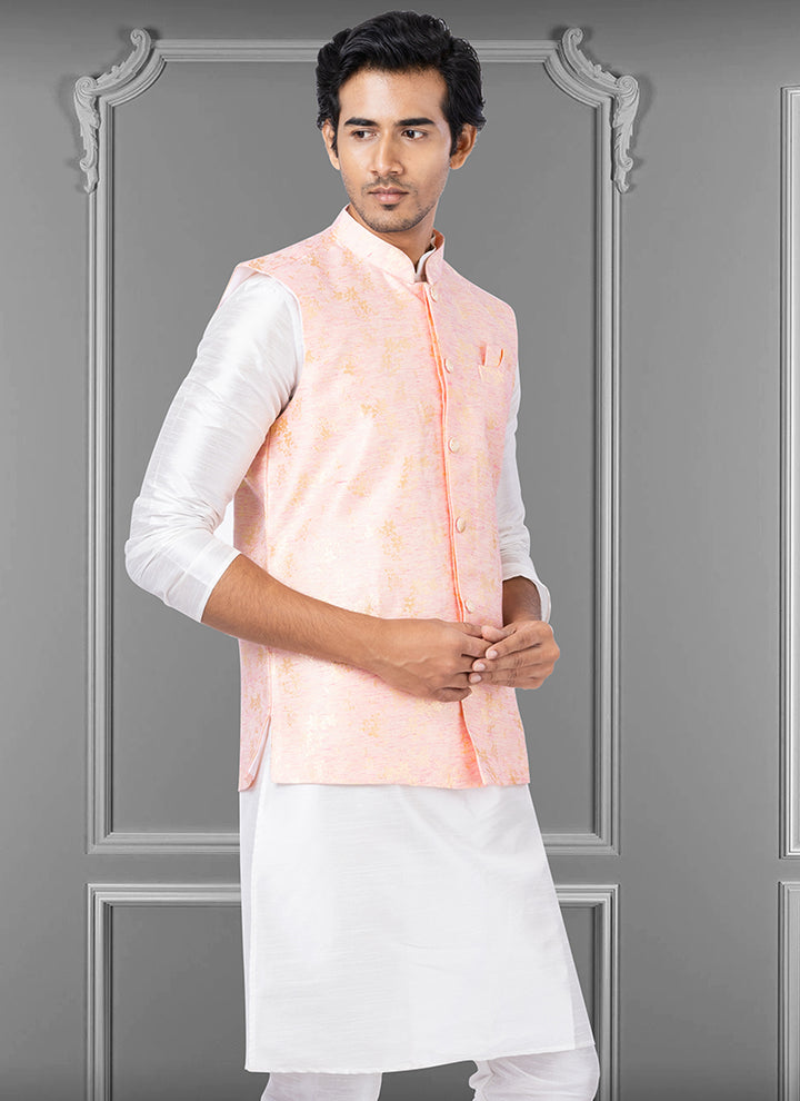 Linen Silk Baby Pink Festival Wear Embroidery Work Readymade Men's Waistcoat