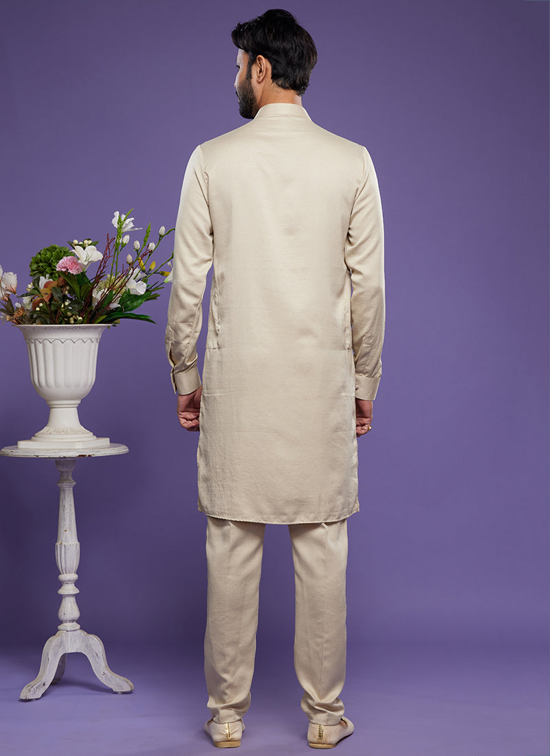 Beige Art Banarasi Silk Tradional Wear Thread Work Kurta Pajama