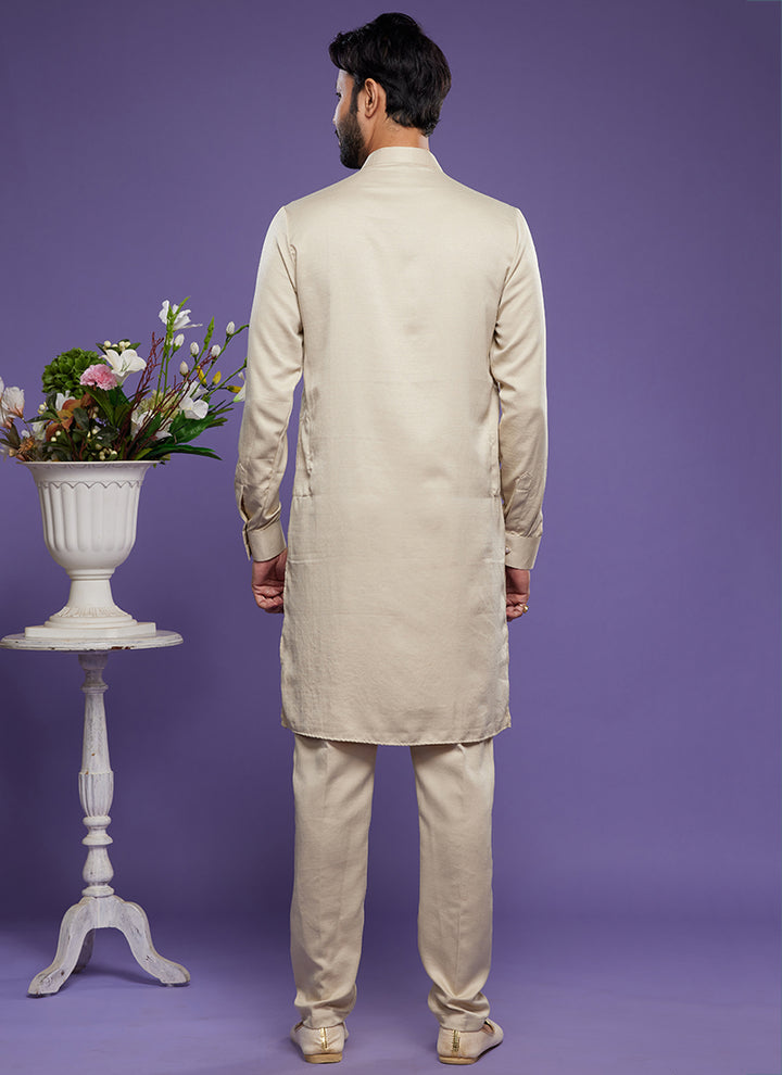 Beige Art Banarasi Silk Tradional Wear Thread Work Kurta Pajama