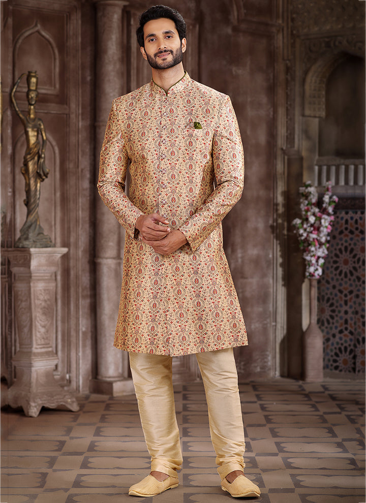 Beige Art Silk Traditional Wear Printed Sherwani