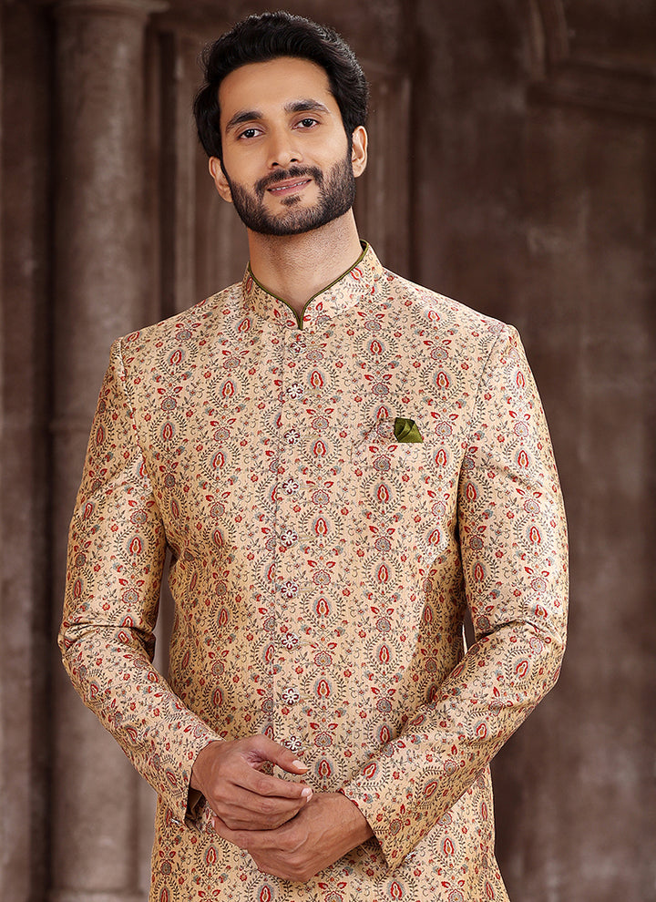 Beige Art Silk Traditional Wear Printed Sherwani