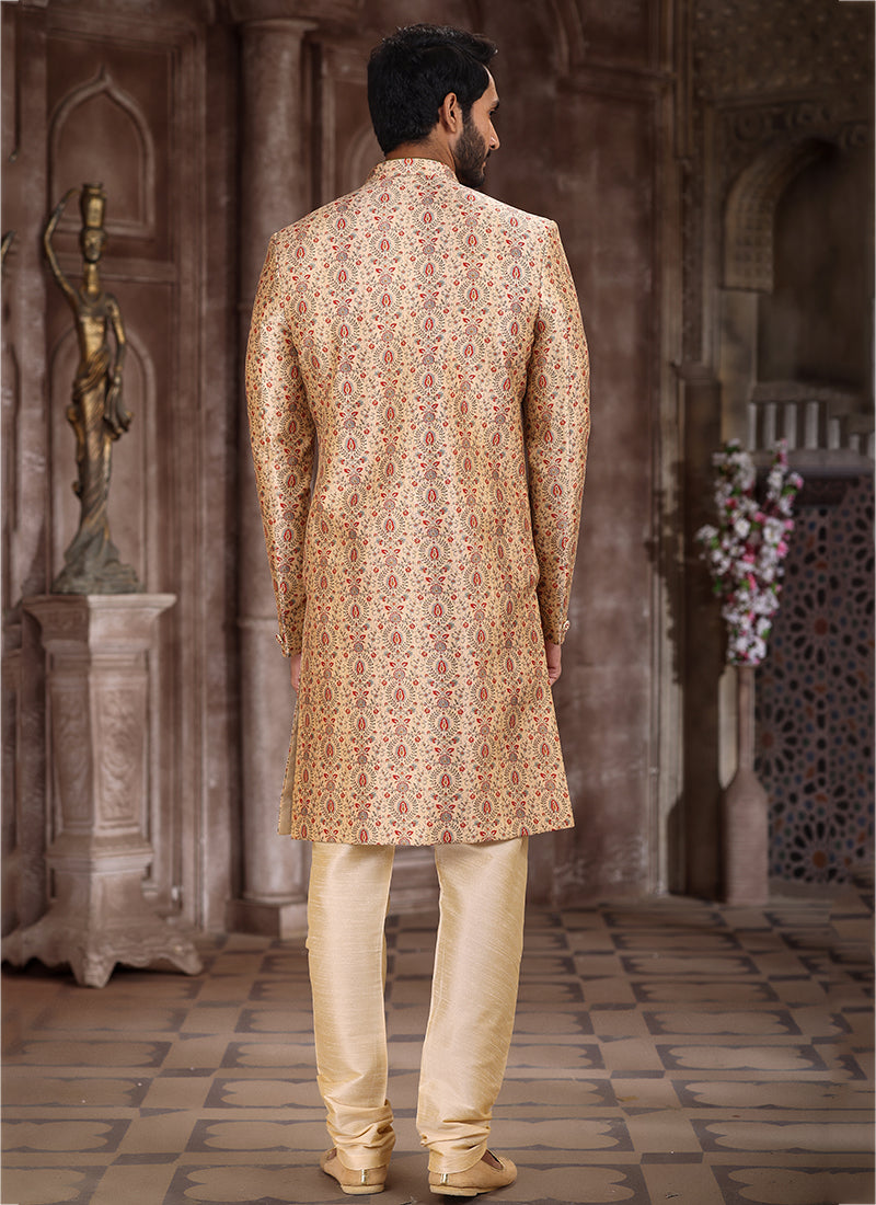 Beige Art Silk Traditional Wear Printed Sherwani