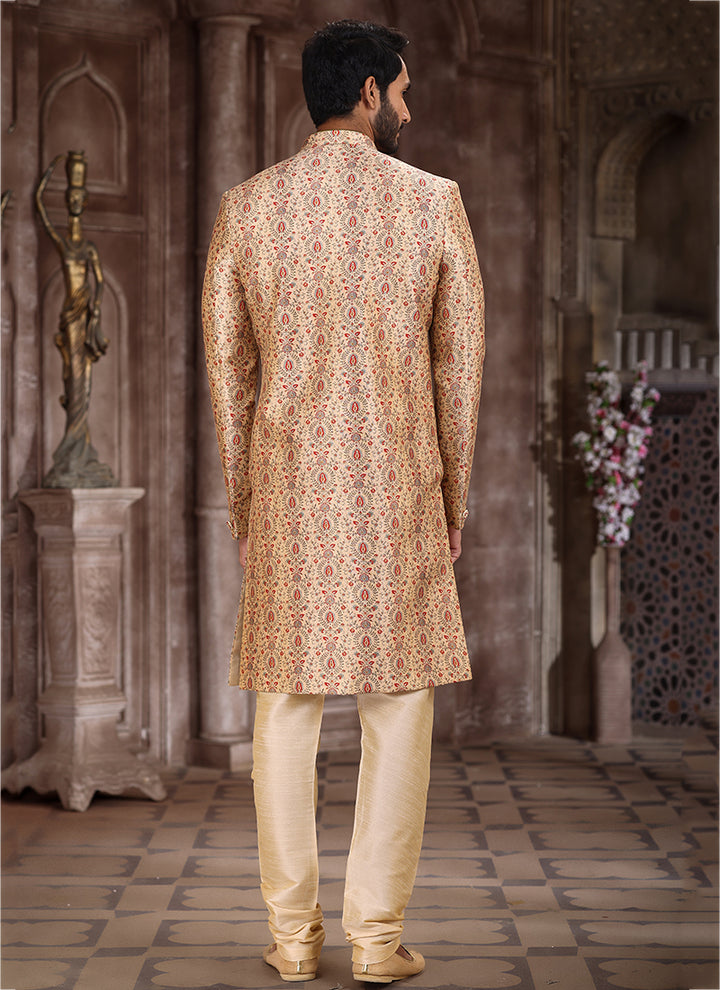 Beige Art Silk Traditional Wear Printed Sherwani