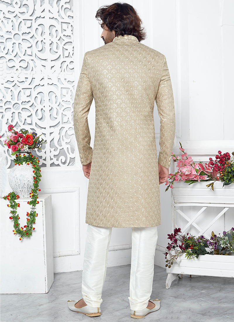 Art Silk Beige Wedding Wear Computer Thread Work Mens Sherwani