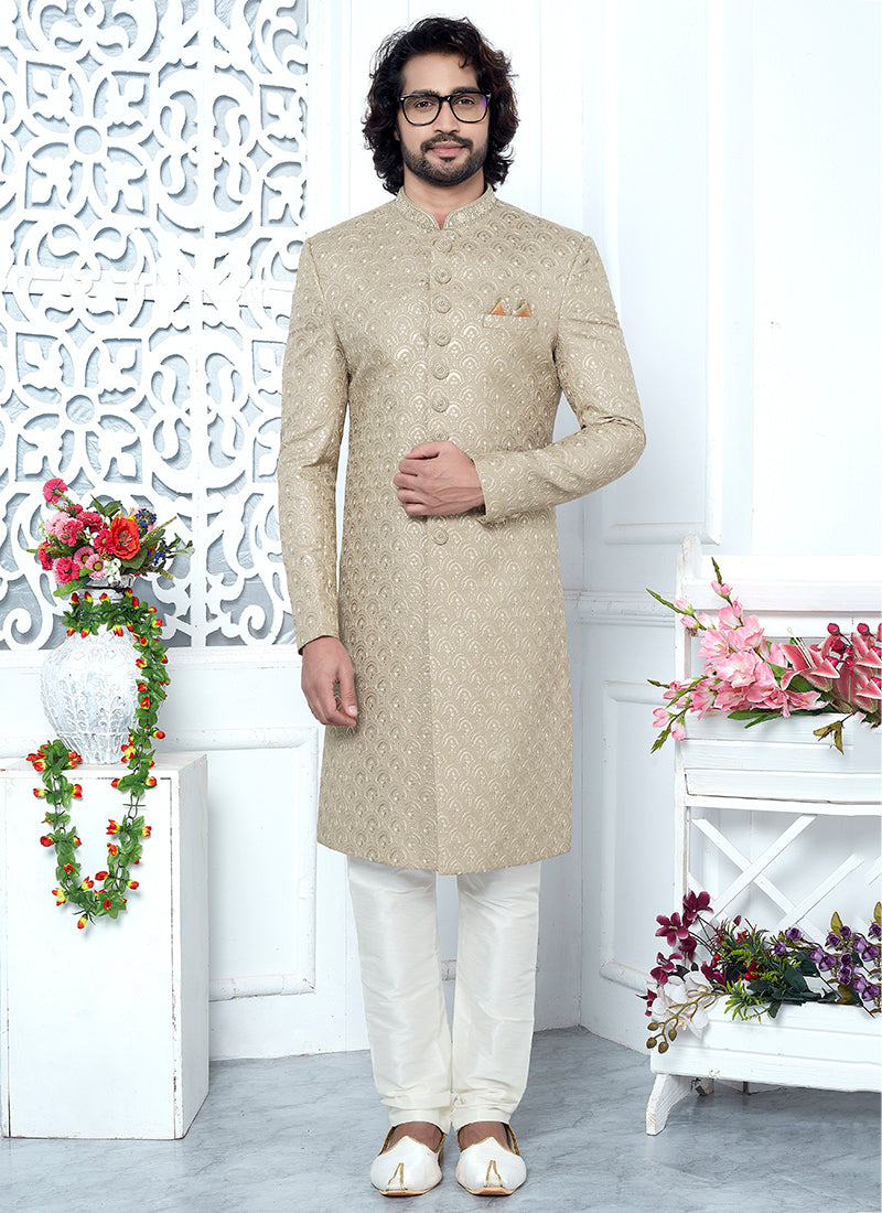 Art Silk Beige Wedding Wear Computer Thread Work Mens Sherwani