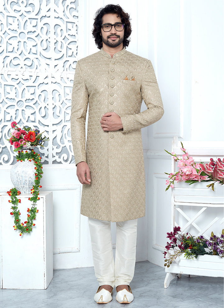 Art Silk Beige Wedding Wear Computer Thread Work Mens Sherwani