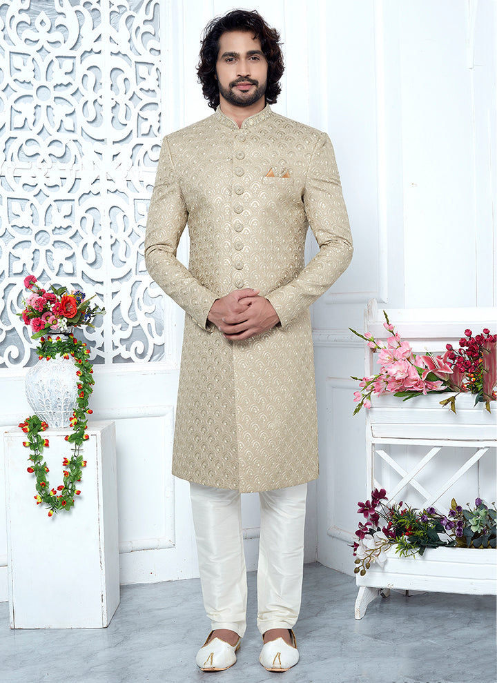 Art Silk Beige Wedding Wear Computer Thread Work Mens Sherwani