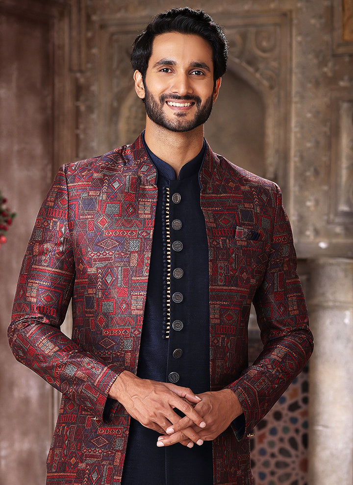 Beige Art Silk Wedding Wear Thread Work Mens Indo Western
