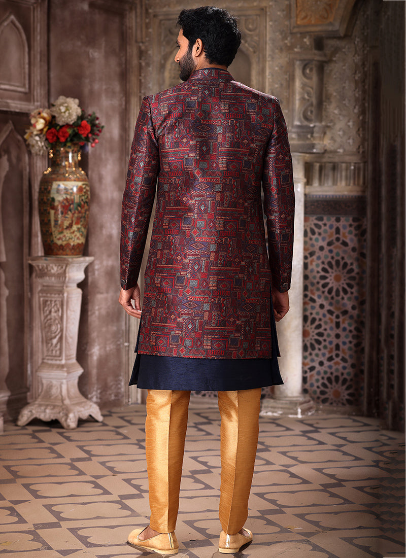 Beige Art Silk Wedding Wear Thread Work Mens Indo Western