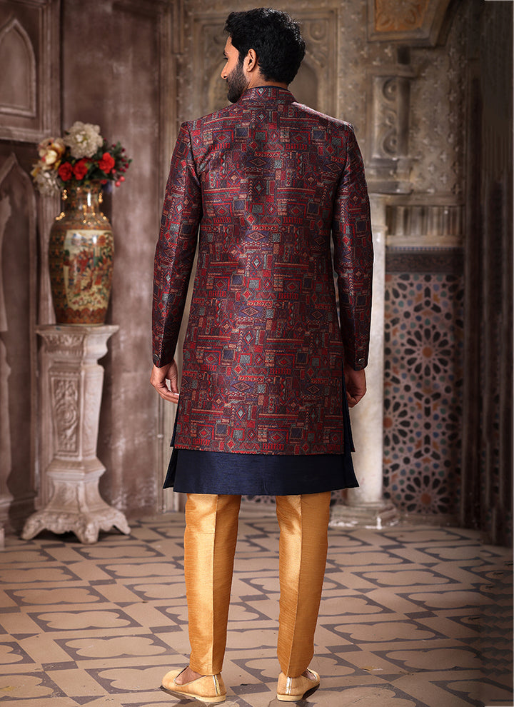 Beige Art Silk Wedding Wear Thread Work Mens Indo Western