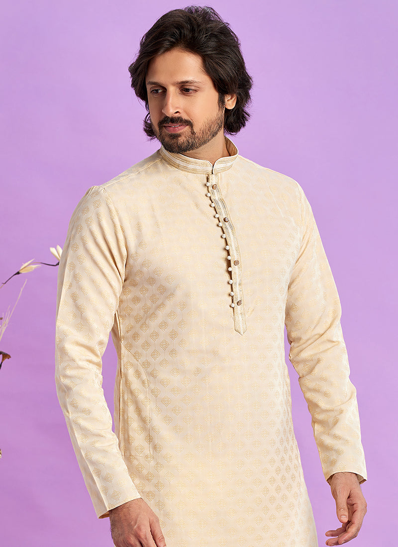 Art Silk Beige Festival Wear Jacquard Kurta Pajama
