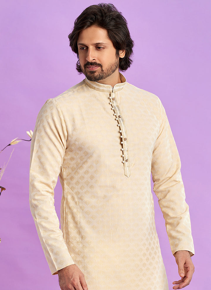 Art Silk Beige Festival Wear Jacquard Kurta Pajama