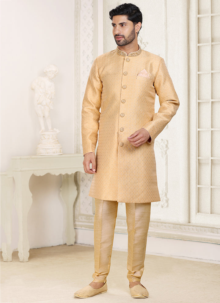 Beige Banarasi Jacquard Wedding Wear Weaving Indo Western Sherwani
