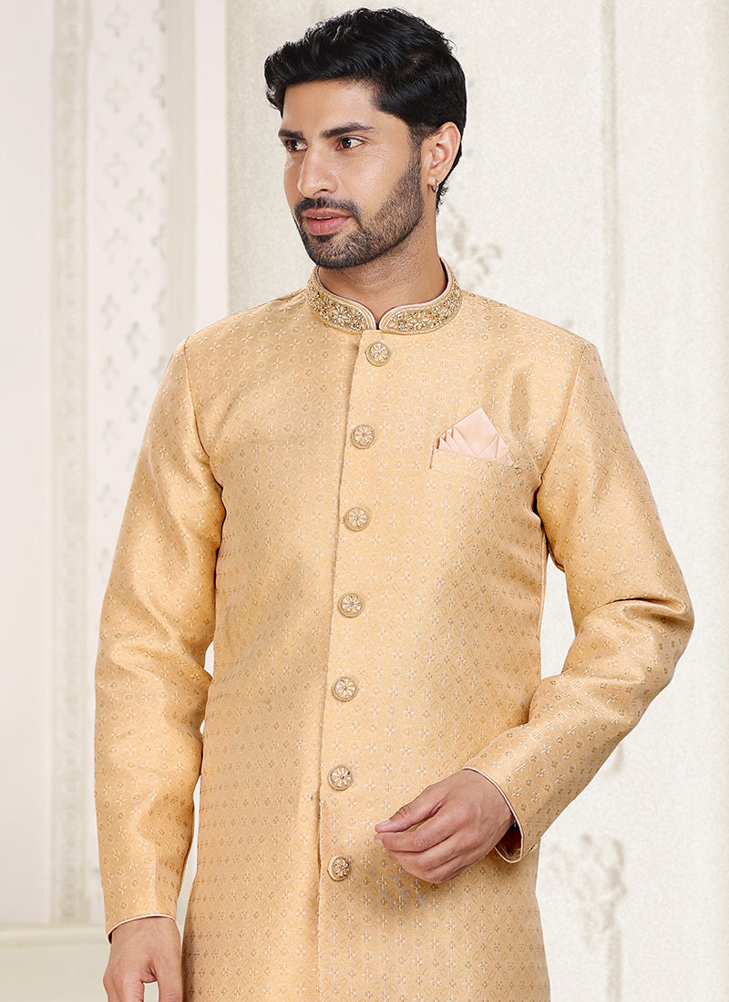 Beige Banarasi Jacquard Wedding Wear Weaving Indo Western Sherwani
