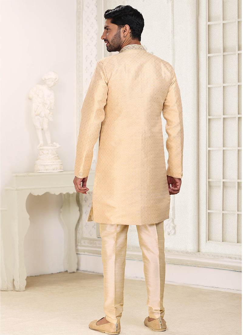 Beige Banarasi Jacquard Wedding Wear Weaving Indo Western Sherwani