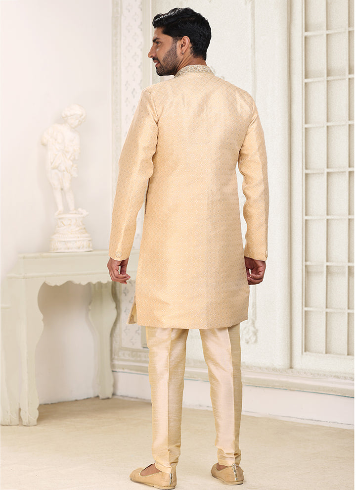 Beige Banarasi Jacquard Wedding Wear Weaving Indo Western Sherwani