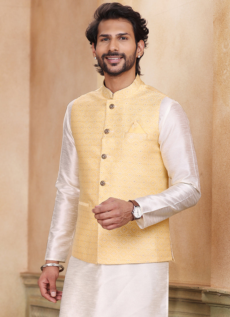 Beige Banarasi Silk Traditional Wear Weaving Kurta Pajama With Jacket