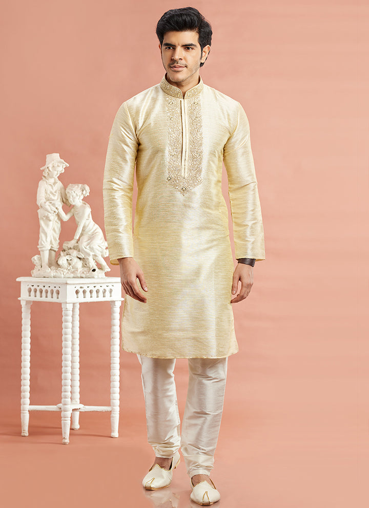 Banarasi Art Silk Beige Festival Wear Machine Work Readymade Kurta Pajama