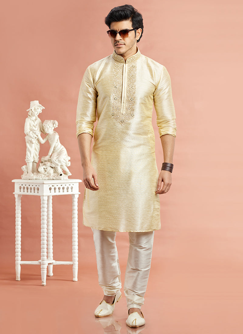 Banarasi Art Silk Beige Festival Wear Machine Work Readymade Kurta Pajama