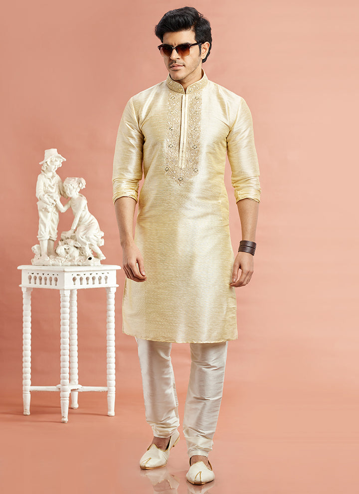 Banarasi Art Silk Beige Festival Wear Machine Work Readymade Kurta Pajama