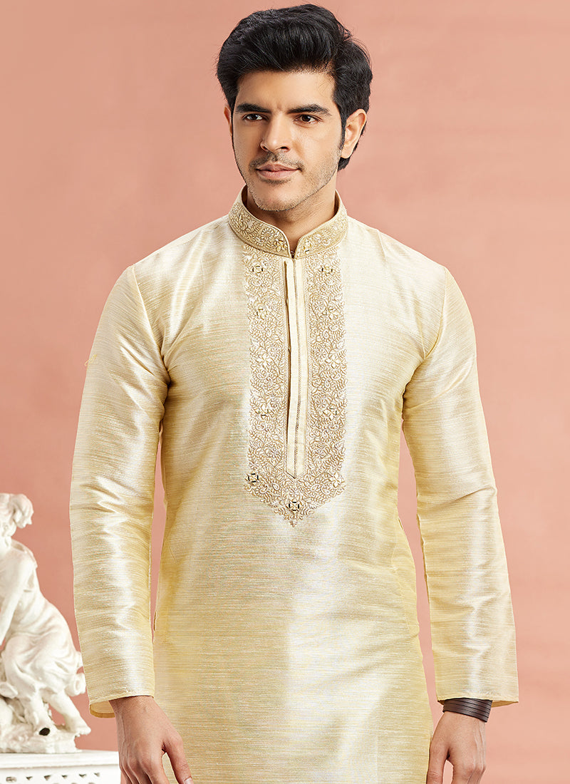 Banarasi Art Silk Beige Festival Wear Machine Work Readymade Kurta Pajama