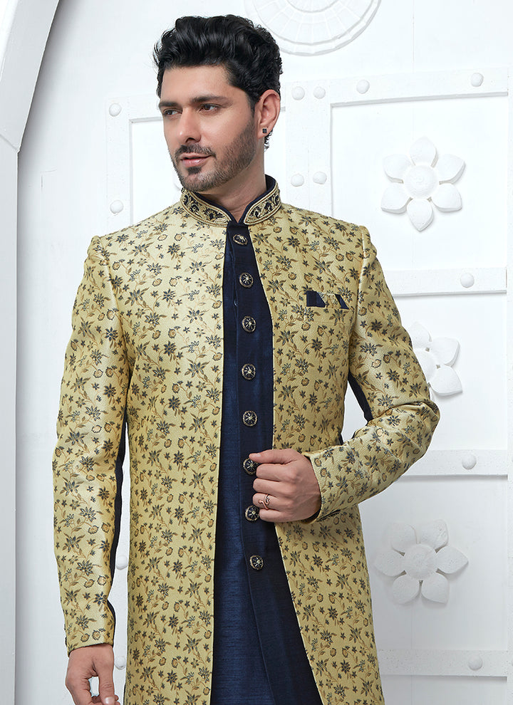 Beige Blue Jaquard Silk Party Wear Pattern Pc Work Readymade Mens Indo Western