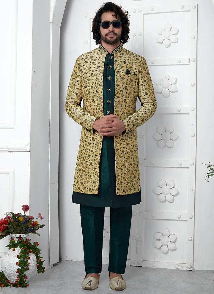Beige Green Jaquard Silk Party Wear Pattern Pc Work Readymade Mens Indo Western