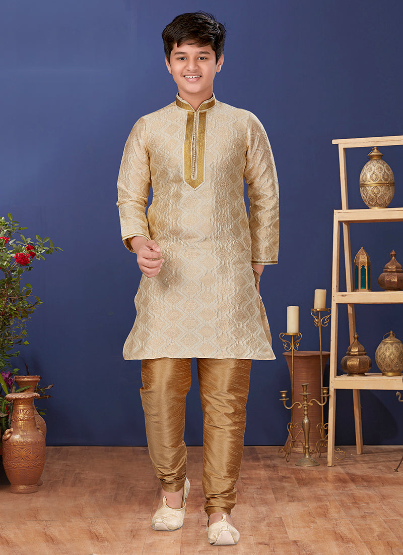 Jacquard Silk Beige Wedding Wear Weaving Readymade Kurta Pajama