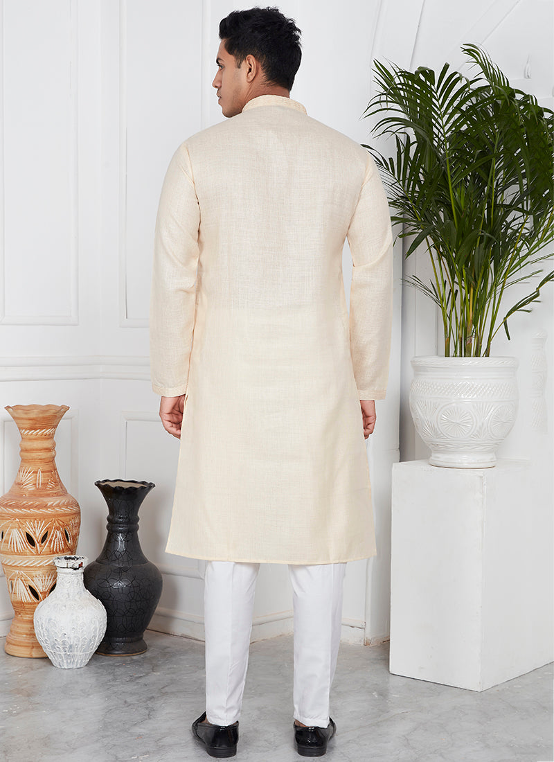 Linen Cotton Beige Festival Wear Pintux Kurta Pajama
