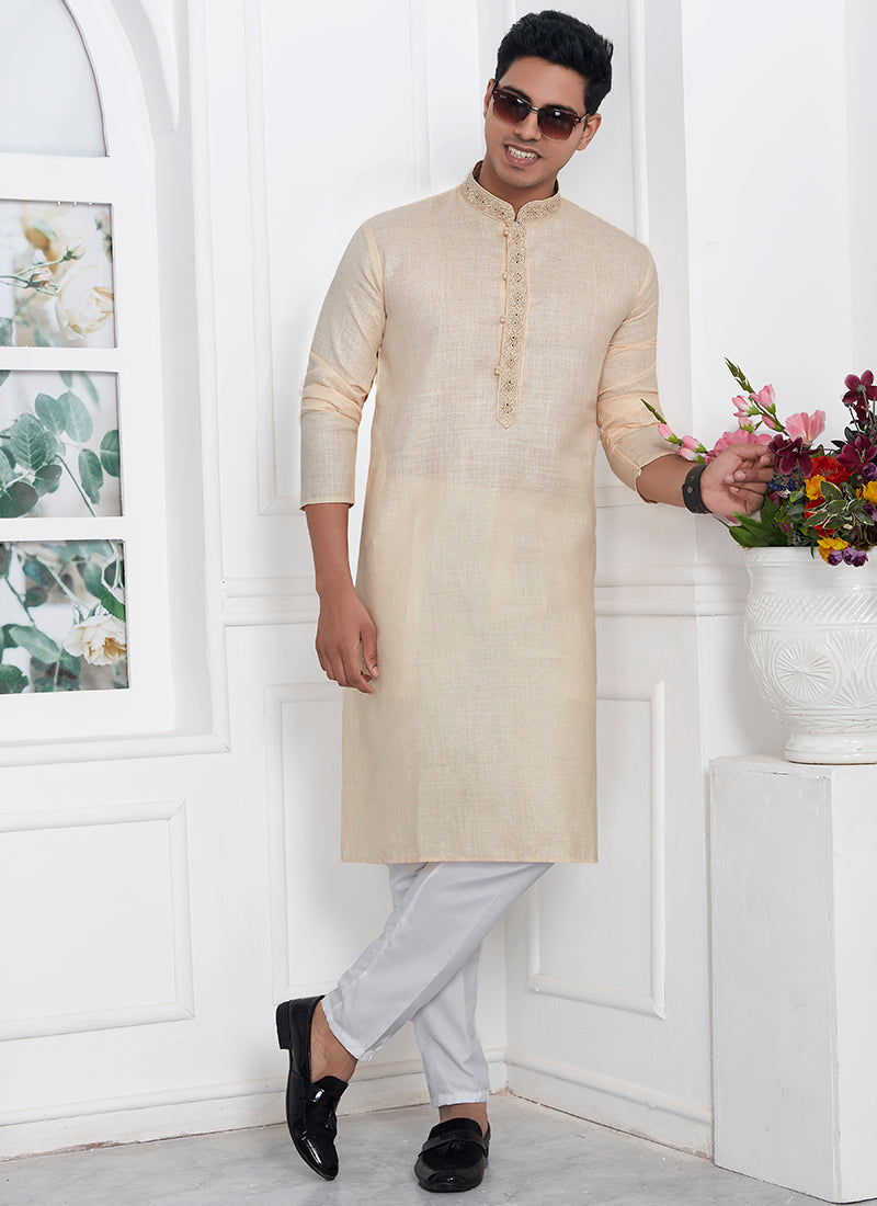 Linen Cotton Beige Traditional Wear Thread Work Kurta Pajama