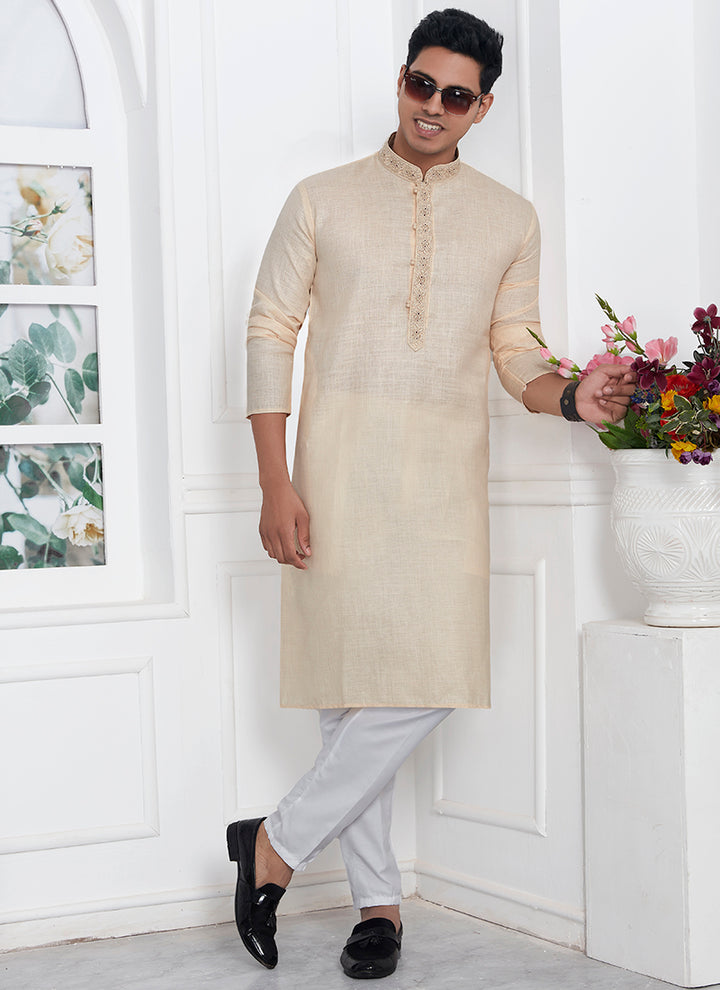 Linen Cotton Beige Traditional Wear Thread Work Kurta Pajama