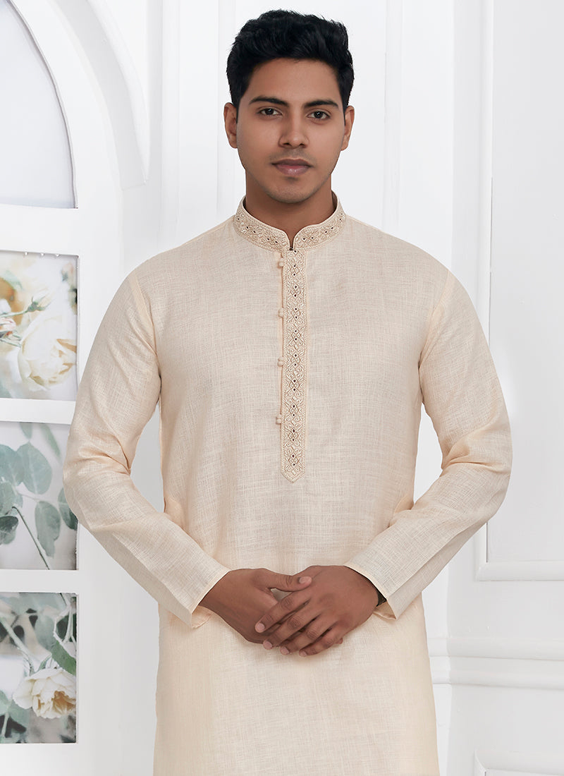 Linen Cotton Beige Traditional Wear Thread Work Kurta Pajama