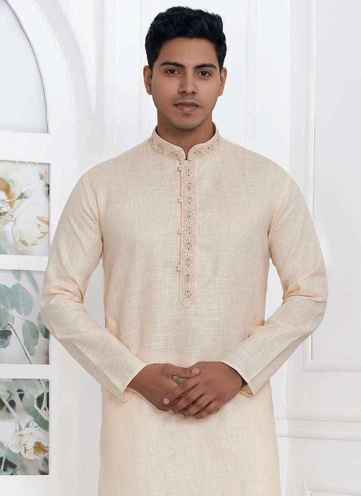 Linen Cotton Beige Traditional Wear Thread Work Kurta Pajama