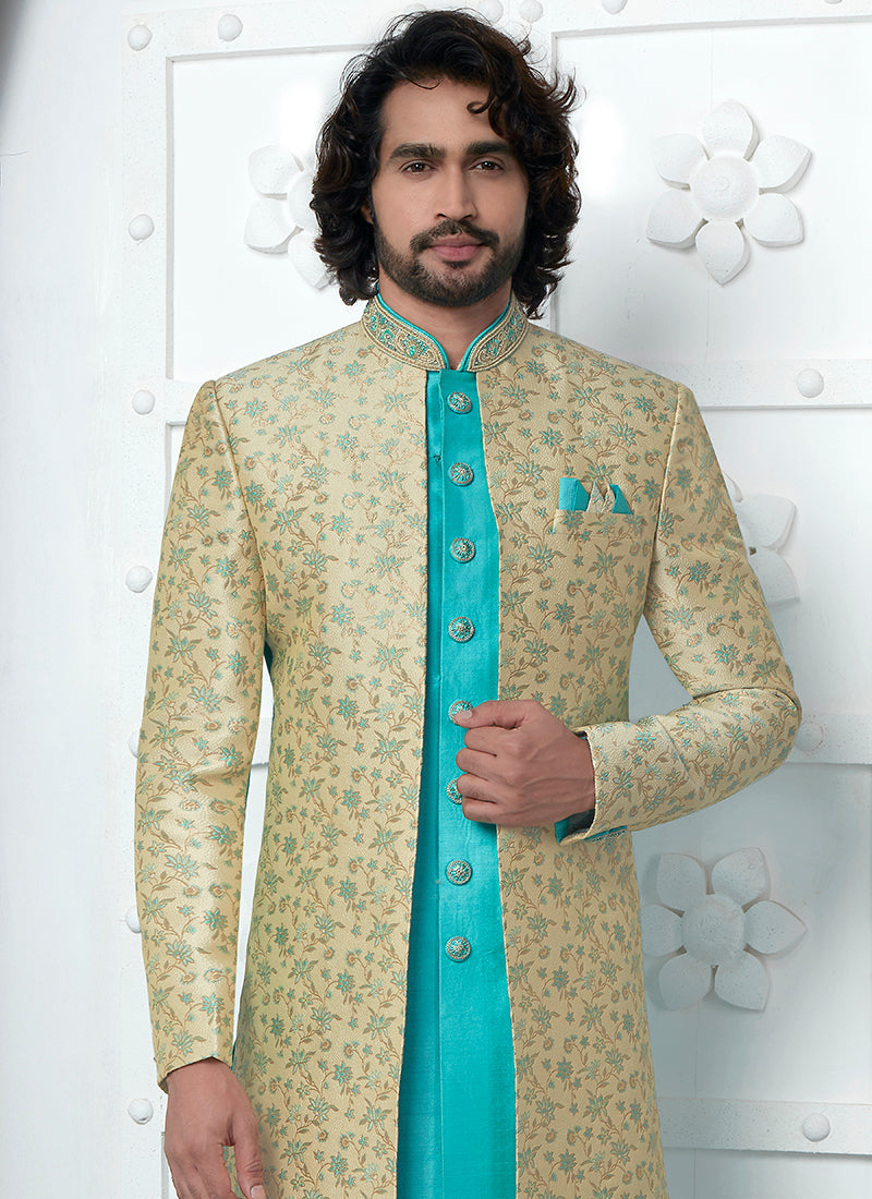 Beige Pista Green Jaquard Silk Party Wear Pattern Pc Work Readymade Mens Indo Western