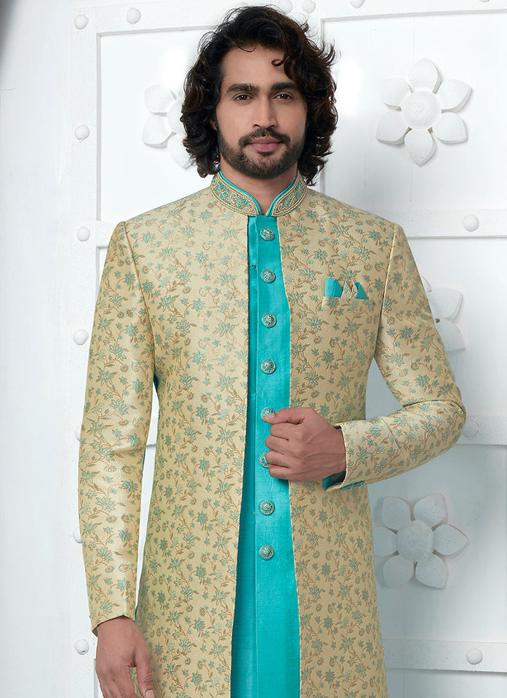 Beige Pista Green Jaquard Silk Party Wear Pattern Pc Work Readymade Mens Indo Western
