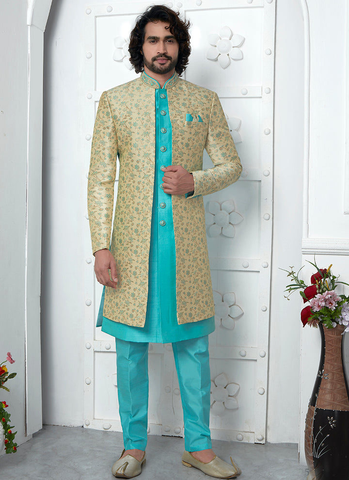 Beige Pista Green Jaquard Silk Party Wear Pattern Pc Work Readymade Mens Indo Western