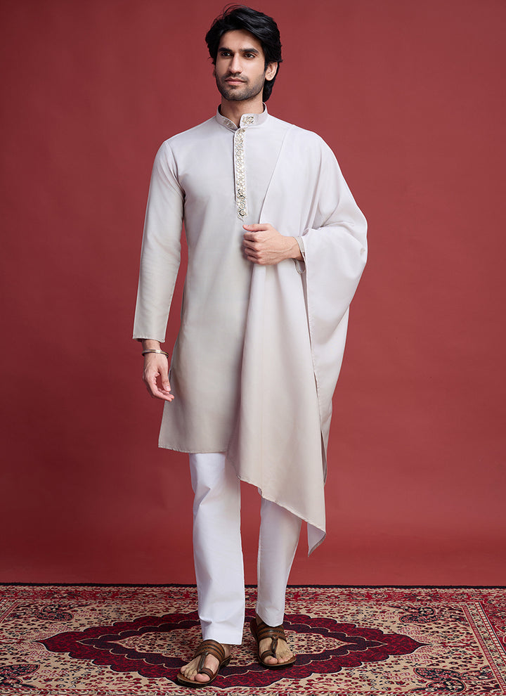 Rayon Beige Traditional Wear Mirror Work Readymade Kurta With Dupatta