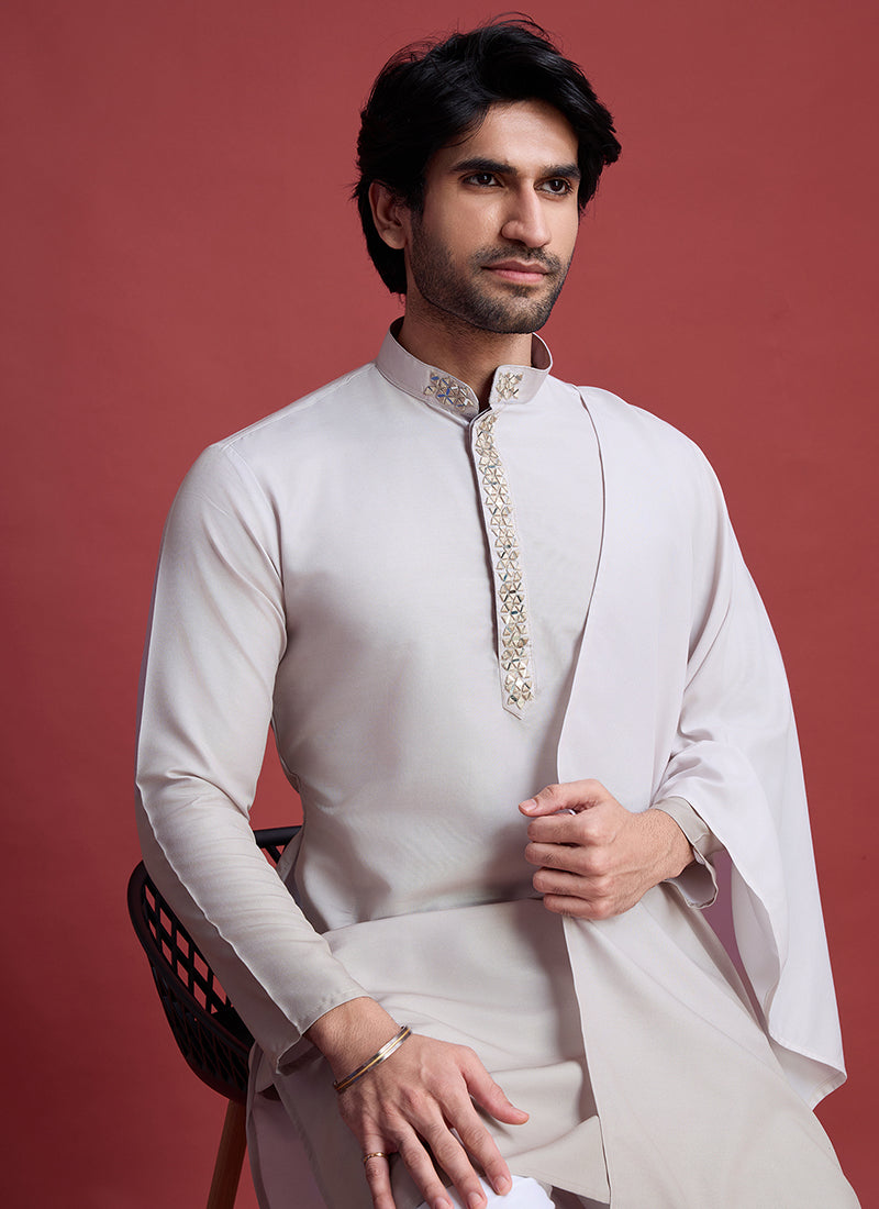 Rayon Beige Traditional Wear Mirror Work Readymade Kurta With Dupatta