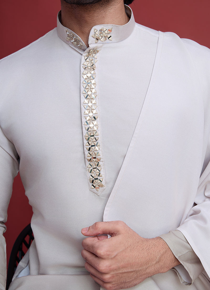 Rayon Beige Traditional Wear Mirror Work Readymade Kurta With Dupatta