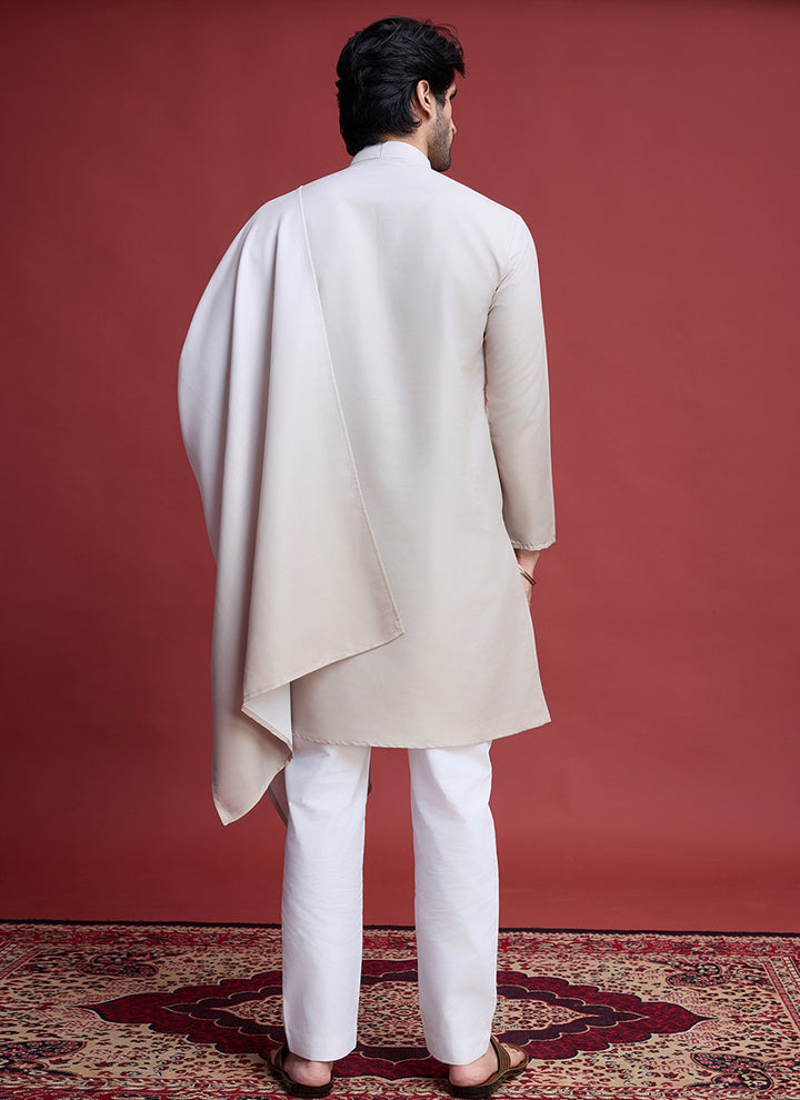 Rayon Beige Traditional Wear Mirror Work Readymade Kurta With Dupatta