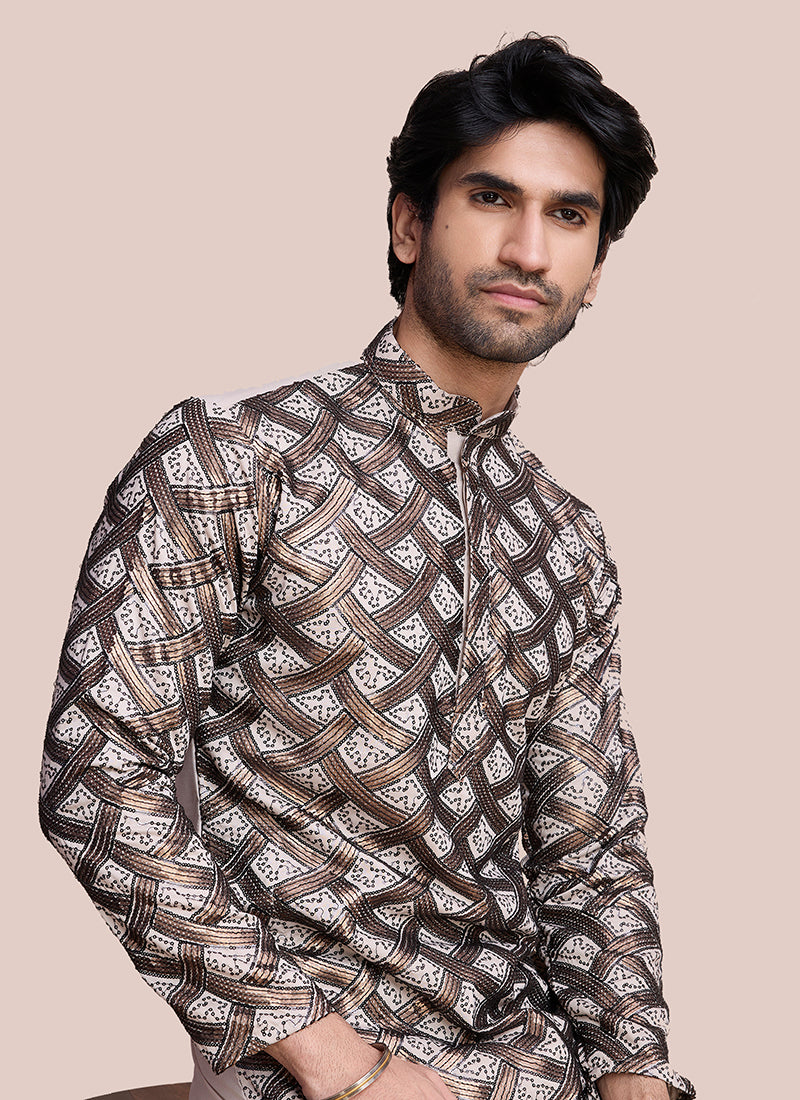 Silk Beige Party Wear Sequins Work Readymade Kurta