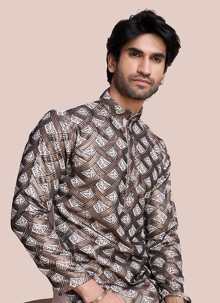 Silk Beige Party Wear Sequins Work Readymade Kurta