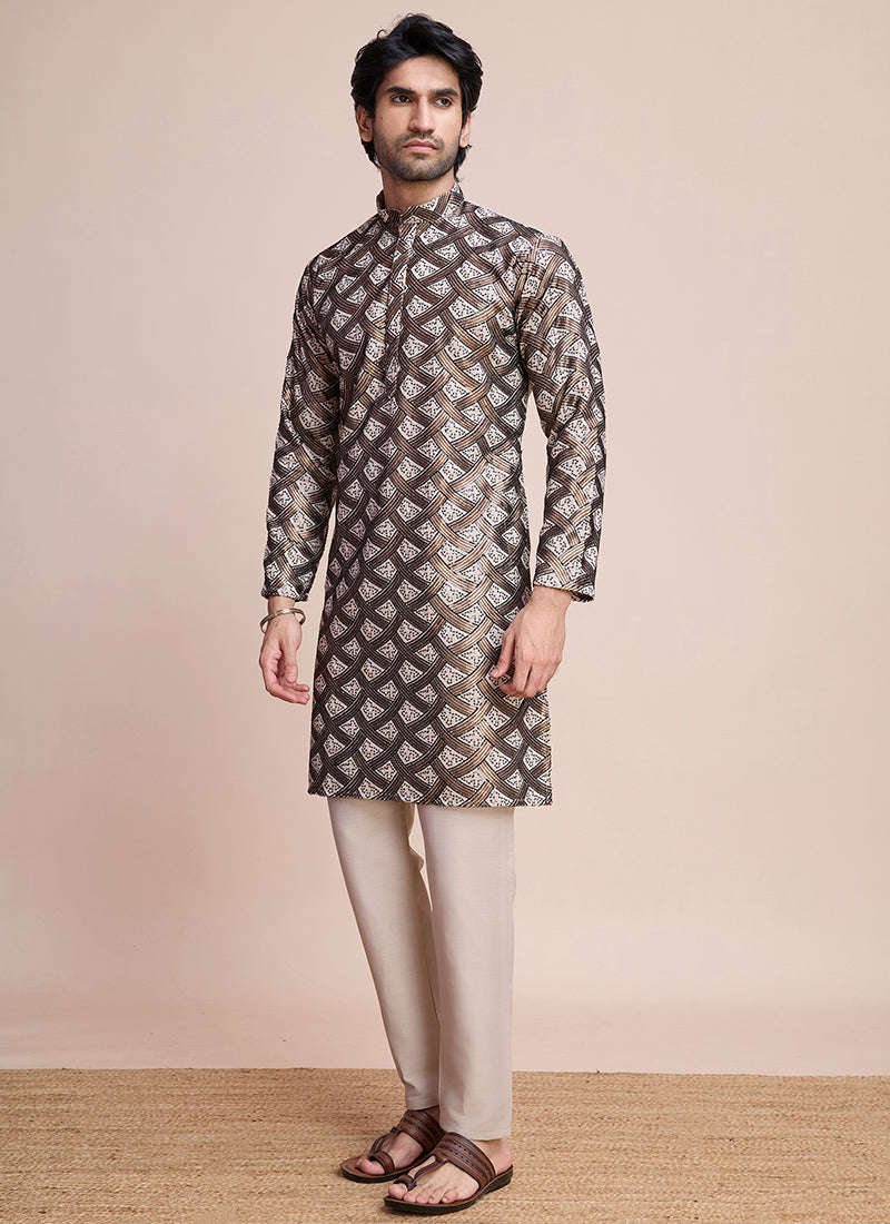 Silk Beige Party Wear Sequins Work Readymade Kurta