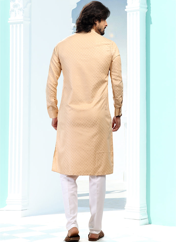 Beige Silk Traditional Wear Weaving Kurta Pajama