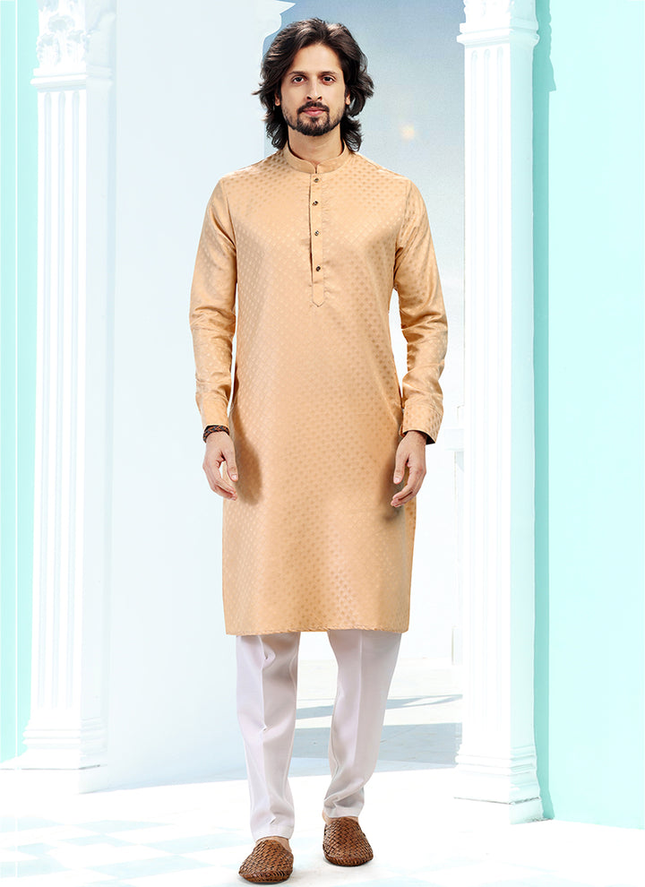 Beige Silk Traditional Wear Weaving Kurta Pajama