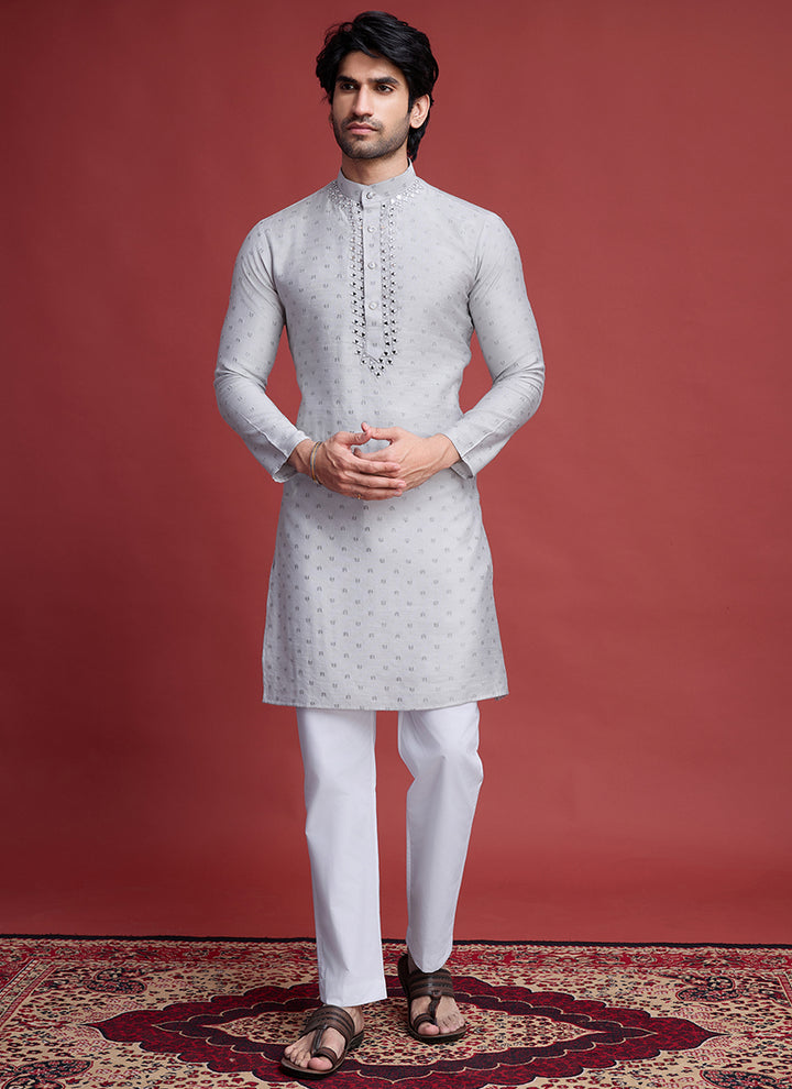 Viscose Grey Ceremonial Wear Mirror Work Readymade Kurta