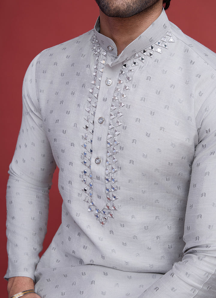 Viscose Grey Ceremonial Wear Mirror Work Readymade Kurta