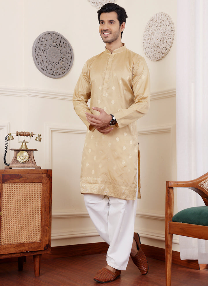 Viscose Beige Festival Wear Jacquard Work Readymade Kurta Pajama
