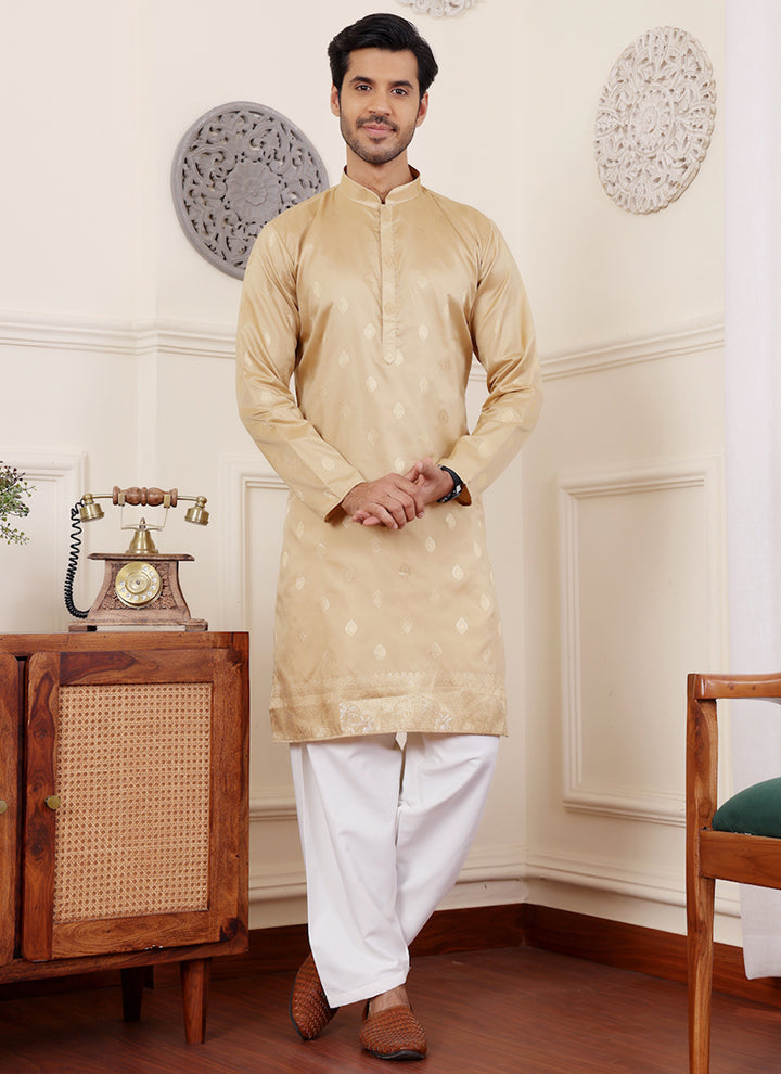 Viscose Beige Festival Wear Jacquard Work Readymade Kurta Pajama