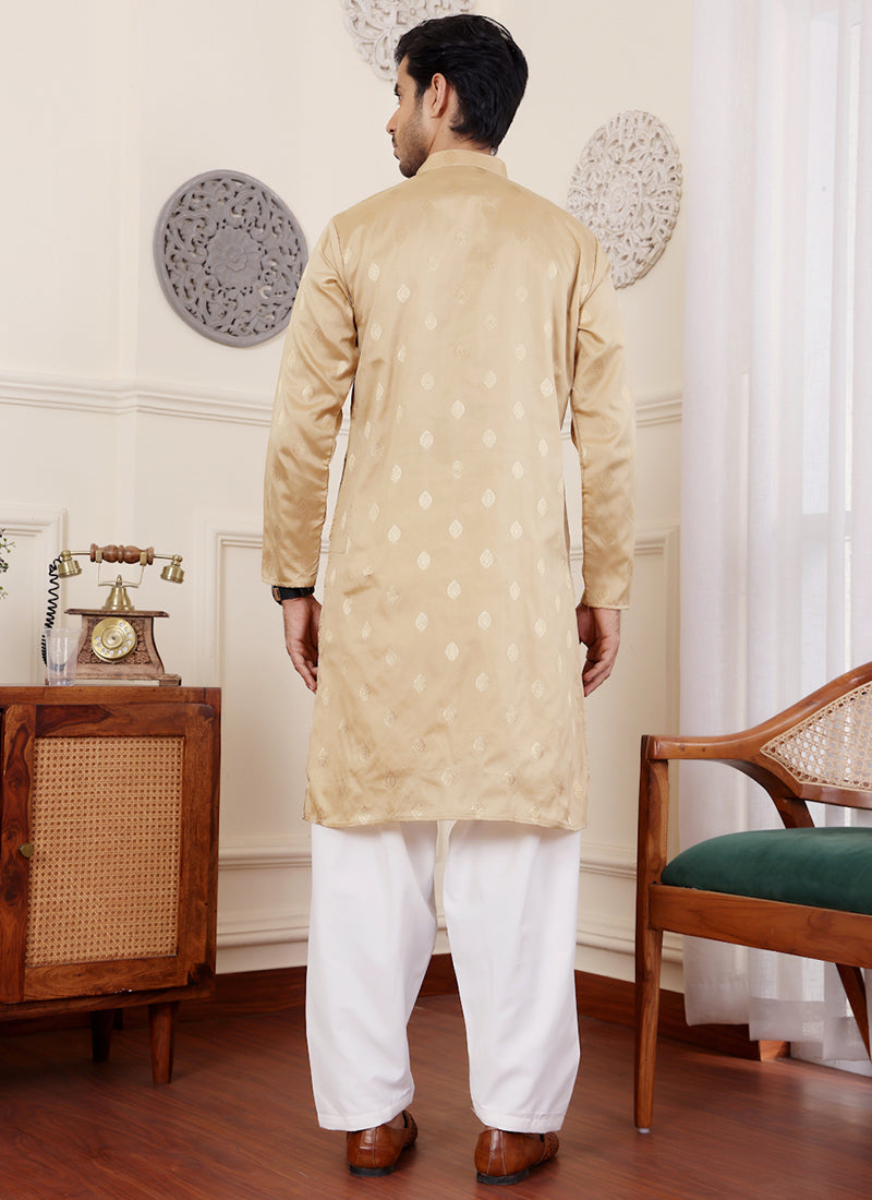 Viscose Beige Festival Wear Jacquard Work Readymade Kurta Pajama